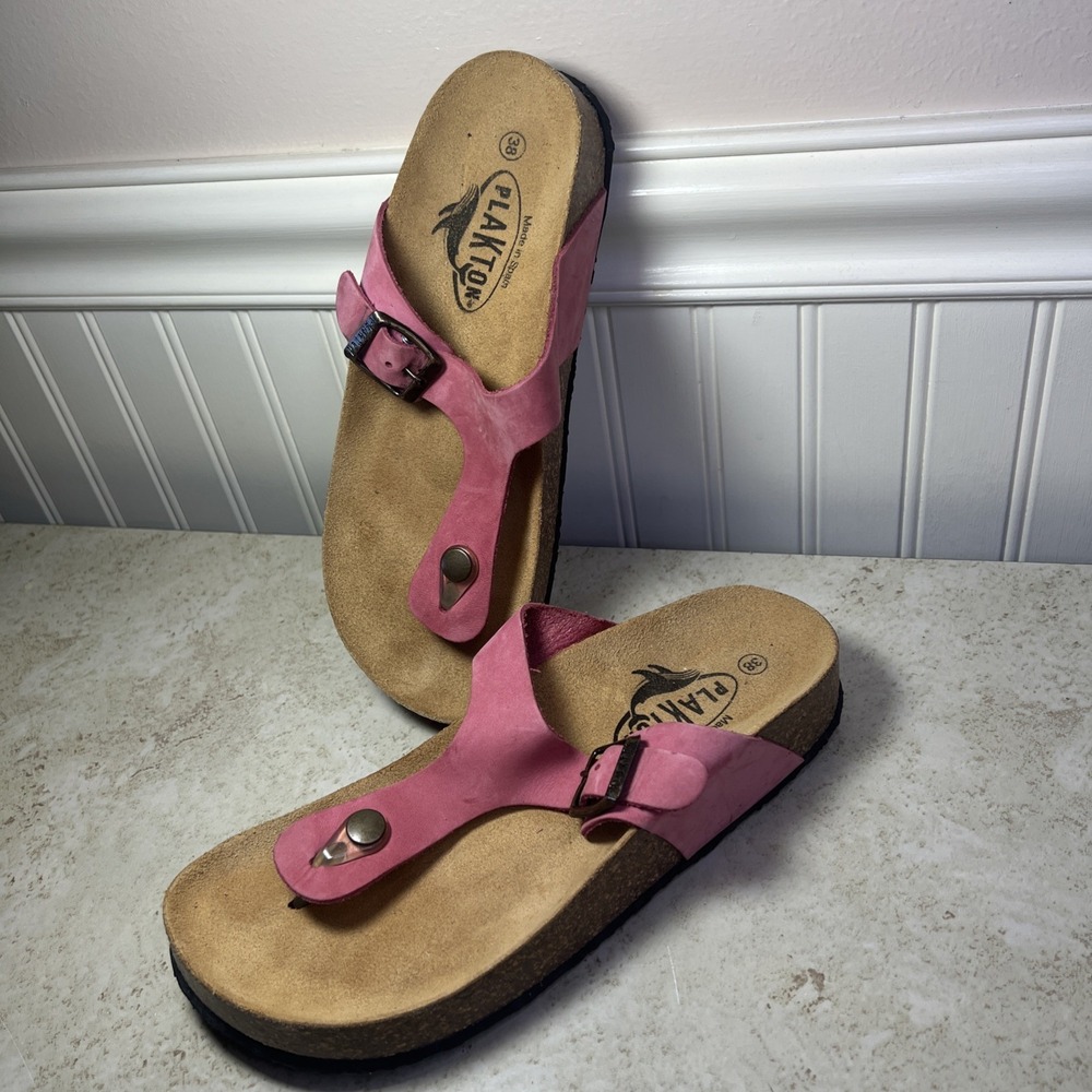 PLAKTON Jazlyn Pink Leather Cork Thong Sandals Spain EU 38‎ US 7.5 / 8 Euro-Chic